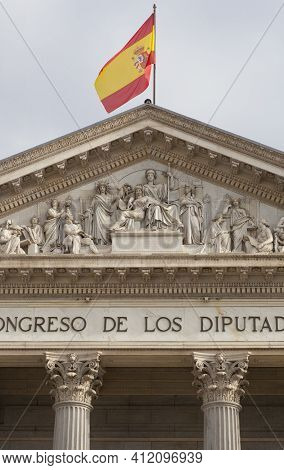Madrid, Spain - March 6th, 2021:  Spanish Congress Of Deputies Building. Tympanon. Madrid, Spain