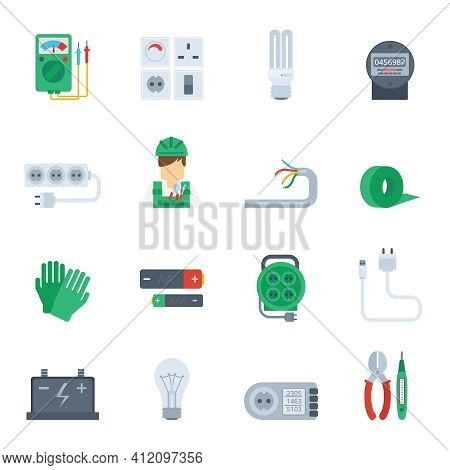 Electricity Icon Flat Set With Electrician Tools Plug Pliers Isolated Vector Illustration