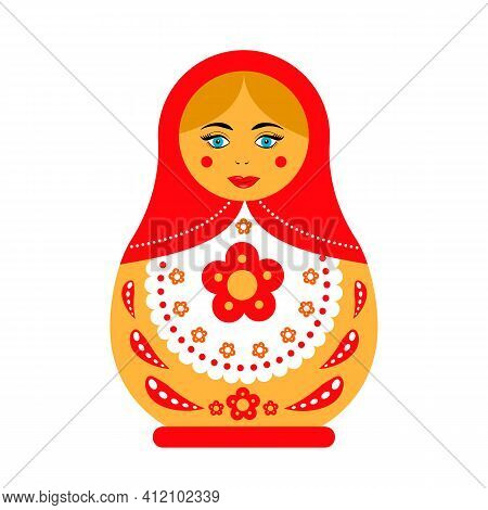 Russian Doll Matryoshka Isolated On White. Traditional Russian Souvenir. Flat Vector Icon.