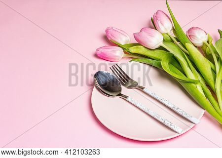 Festive Creative Pink Table Setting With Tulips On Gentle Rosy Background