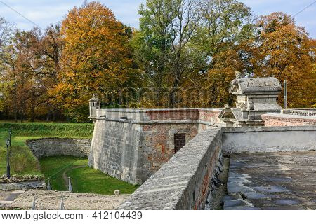Pidhirtsi Castle, Lviv Region, Ukraine - October, 29, 2020: Fragment Of The Fortress Wall. Pidhirtsi