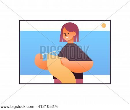Young Woman Knits In Web Browser Window Online Hobby Courses For Learning Knitting Concept Portrait 