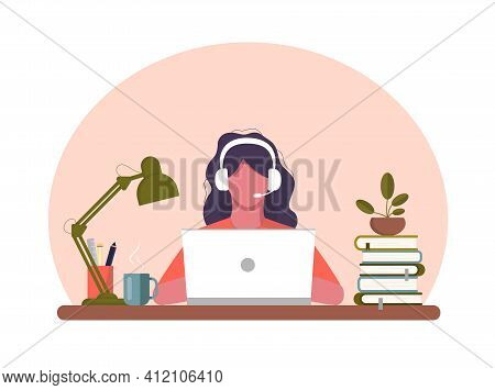 Girl With Laptop Sitting On The Chair. Freelance Or Studying Concept. Work At Home. Vector Stock Ill