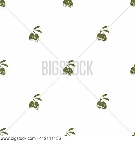 Shea Nut Green Seamless Pattern On White Background. Vitellaria Beauty And Cosmetics Ornament. Cosme