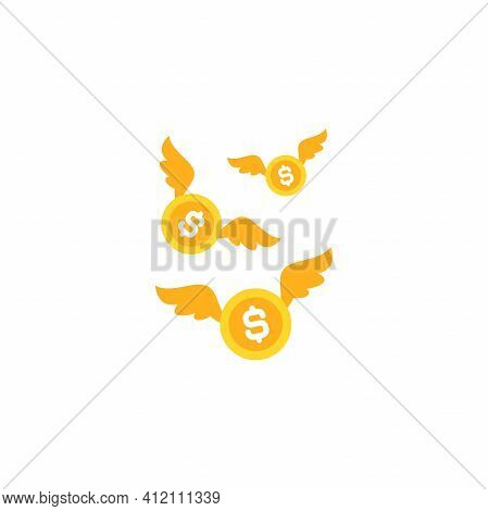 Gold Dollar Coins With White Wings. Flat White Background. Flying Money. Economy, Finance, Money Pic