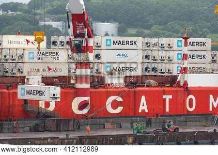 Crane Unloaded Container Cargo Ship Sevmorput Rosatomflot - Russian Nuclear-powered Icebreaker Light