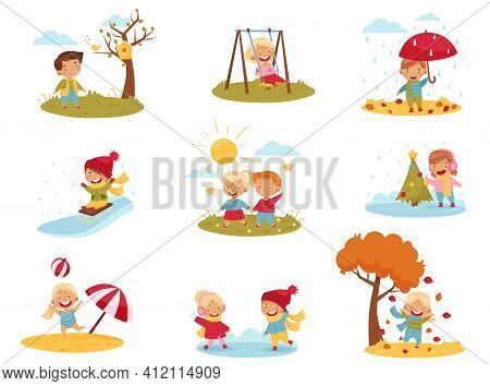 Kids Enjoying Four Seasons Playing Snowball Fight, Walking With Umbrella And Sledging Downhill Vecto
