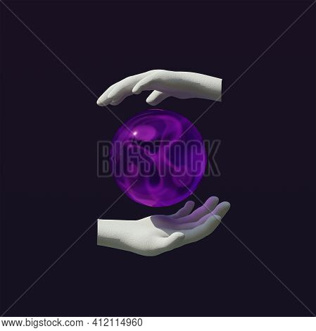 Crystal Ball Between Two Stone Hands. Orbuculum Shows Future. Neon Light In Crystal Sphere. Astrolog