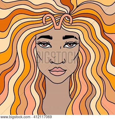 Beautiful Girl Portrait With Wave Red Hair And Dark Skin. Zodiac Sign Aries. Vector Illustration.