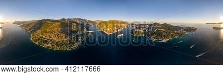 Aerial 360 Panorama Photo Of Dubrovnik Bridge Lapad Peninsula In Adriatic Sea In Croatia Summer Suns