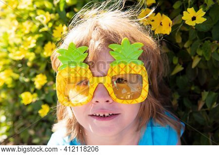 Summer Partytime. Kid Outdoors. Party Sunglasses Happy Mood