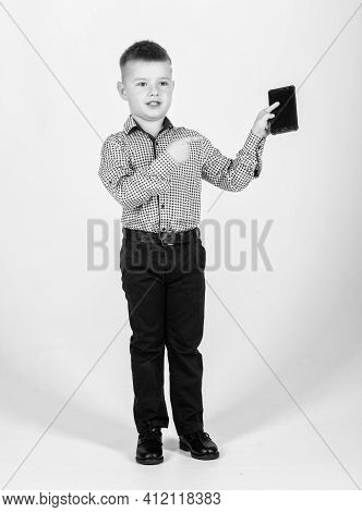 Confident Child Has Business Start Up. Modern Life. Small Boy With Mobile Phone. Little Boss. Ceo Di
