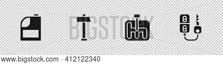 Set Canister For Motor Machine Oil, Hammer, Gear Shifter And Car Key With Remote Icon. Vector