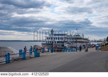 Saratov, Russia, September 12, 2020 - River Cruise Ships Dock In Saratov, Volga River, Saratov Emban