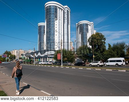 Engels, Russia, September 27, 2020 - Russian Provincial Cityscape, Streets And Modern Houses