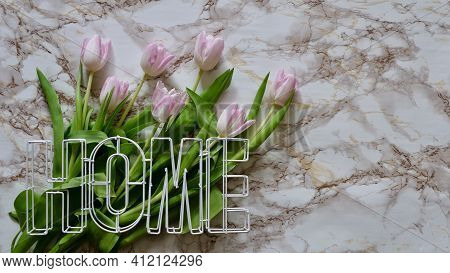 Pink Flowers Of Dutch Tulips On A White Marble Background With Copy Space, Copypaste At Home. Intern