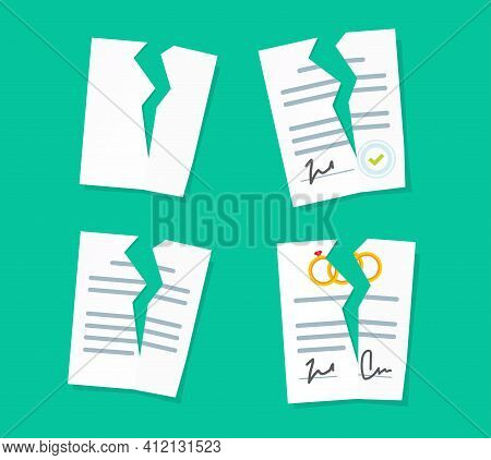 Broken Paper Legal Documents Sheets Icons Set Vector, Breach Of Agreement, Torn Prenuptial Marriage 