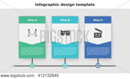 Set Rope Barrier, Comedy And Tragedy Masks And Movie Clapper. Business Infographic Template. Vector