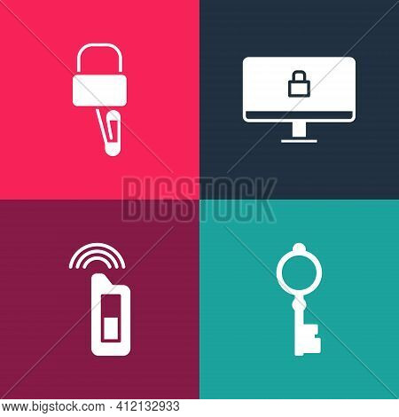 Set Pop Art Old Key, Car With Remote, Lock On Computer Monitor And Picks For Lock Picking Icon. Vect