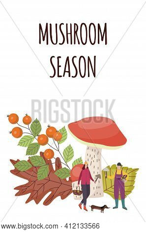 Mushroom Season Card With Cartoon People Picking Mushrooms