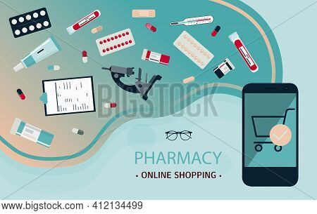 Mobile Application For The Sale Of Medicines Online. Medical Poster With Smartphone, Medicines, Test