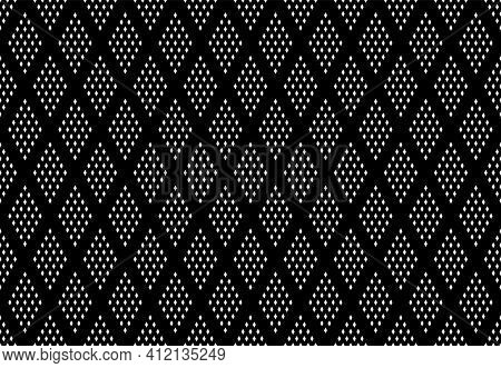 Seamless geometric diamonds patternt with dots texture on black background. 