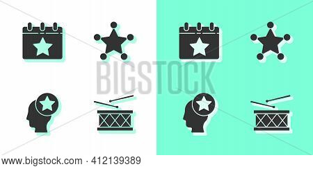 Set Drum And Drum Sticks, Calendar With Date July 4, Usa Head And Hexagram Sheriff Icon. Vector