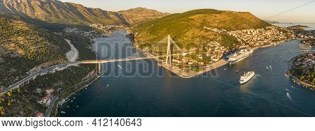 Aerial Panorama Drone Shot Of Dubrovnik Bridge At Port Gruz In Lapad Peninsula In Croatia Summer Sun