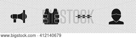Set Megaphone, Bulletproof Vest, Barbed Wire And Vandal Icon. Vector