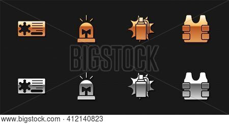 Set Police Badge, Flasher Siren, Hand Grenade And Bulletproof Vest Icon. Vector