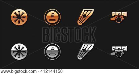 Set Snowflake, Rouble, Ruble Currency, Kankles And Cannon Icon. Vector