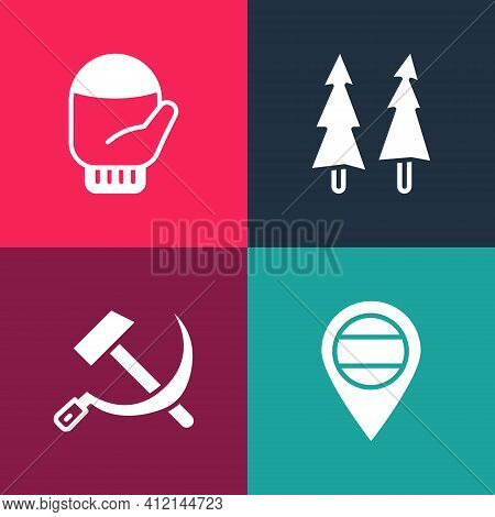 Set Pop Art Location Russia, Hammer And Sickle Ussr, Christmas Tree And Mitten Icon. Vector