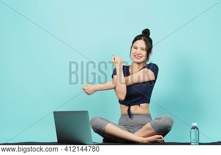 Fitness Influencer. Sporty Woman Blogger. Workout Training Online Via Laptop.