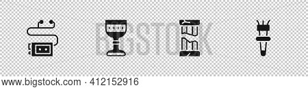 Set Museum Audio Guide, Medieval Goblet, Broken Ancient Column And Torch Flame Icon. Vector