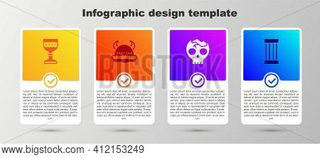 Set Medieval Goblet, Viking In Horned Helmet, Broken Human Skull And Ancient Column. Business Infogr
