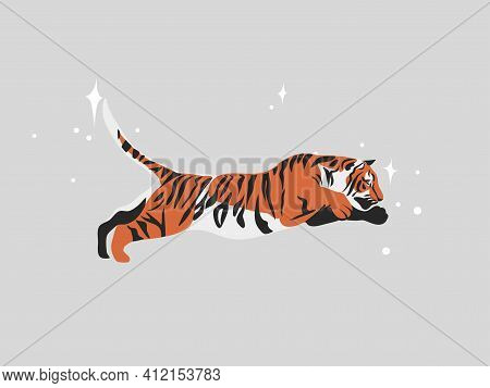 Hand Drawn Vector Abstract Stock Flat Graphic Illustration With Ethnic Tribal Mystic Beautiful Tiger