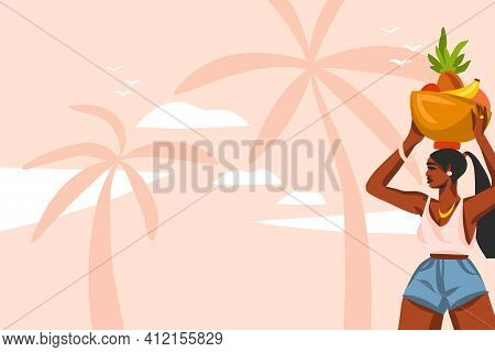 Hand Drawn Vector Abstract Stock Flat Graphic Illustration With Young , Happy Black Afro American Be