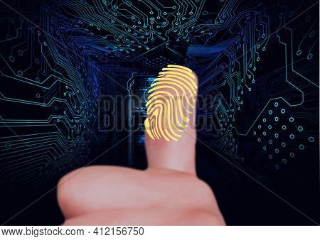 Human thumb scanning over biometric scanner against microprocessor connections on blue background. cyber security and technology concept