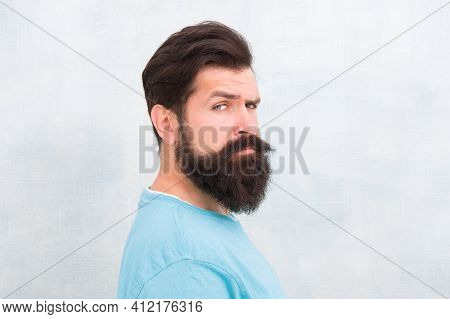 Masculinity Concept. Man Bearded Hipster Stylish Beard Grey Background. Stylish Beard And Mustache C