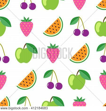 Fruit And Berry Seamless Pattern. Watermelon, Cherry, Apple, Strawberry Seamless Background. Juicy C