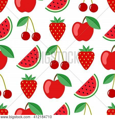 Fruit And Berry Seamless Pattern. Watermelon, Cherry, Apple, Strawberry Seamless Background. Juicy C
