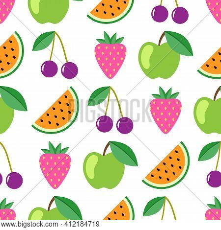 Fruit And Berry Seamless Pattern. Watermelon, Cherry, Apple, Strawberry Seamless Background. Juicy C