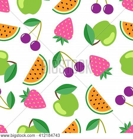 Fruit And Berry Seamless Pattern. Watermelon, Cherry, Apple, Strawberry Seamless Background. Juicy C