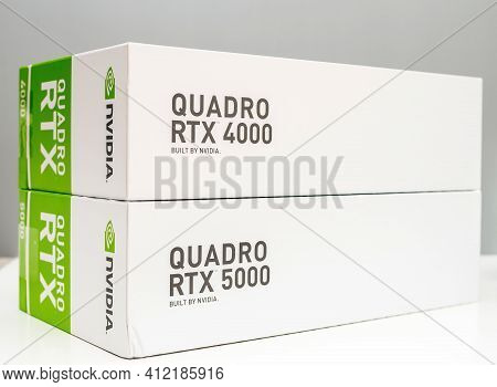 Paris, France - Mar 28, 2019: The Cardboard Package Of Two New Gpu Nvidia Quadro Rtx 4000 And Rtx 50