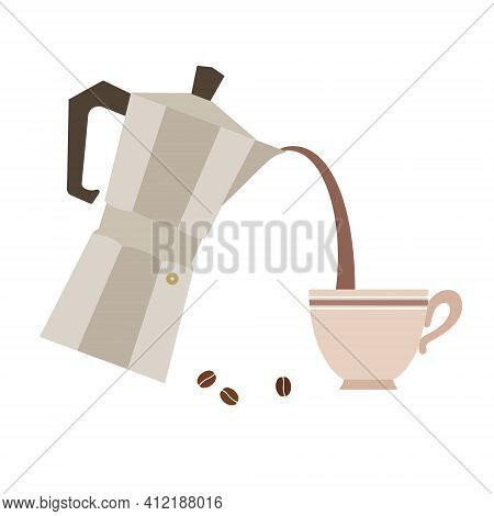 Set Of Items: Geyser Coffee Maker, Cup And Coffee Beans On A White Background. Vector