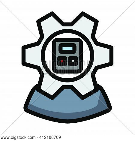 Analyst With Gear Hed And Calculator Inside Icon. Editable Thick Outline With Color Fill Design. Vec