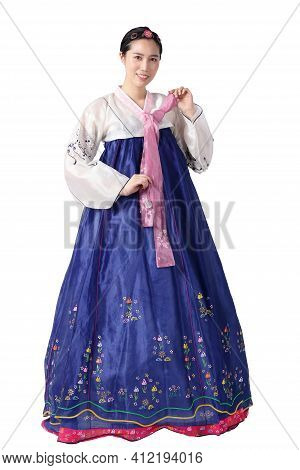 A Beautiful Asian Woman Wearing Hanbok Is The National Dress Of Korea. White Background. Isolated. C