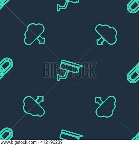 Set Line Security Camera, Cloud Download And Chain Link On Seamless Pattern. Vector