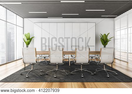 Business Meeting Room With White Armchairs And Wooden Table, Black Carpet On Parquet Floor. White Sh
