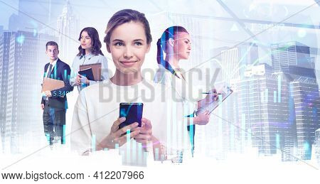 Attractive Smiling Businesswoman Checking Stock Market Rates In Smartphone. Hologram Charts. Busines